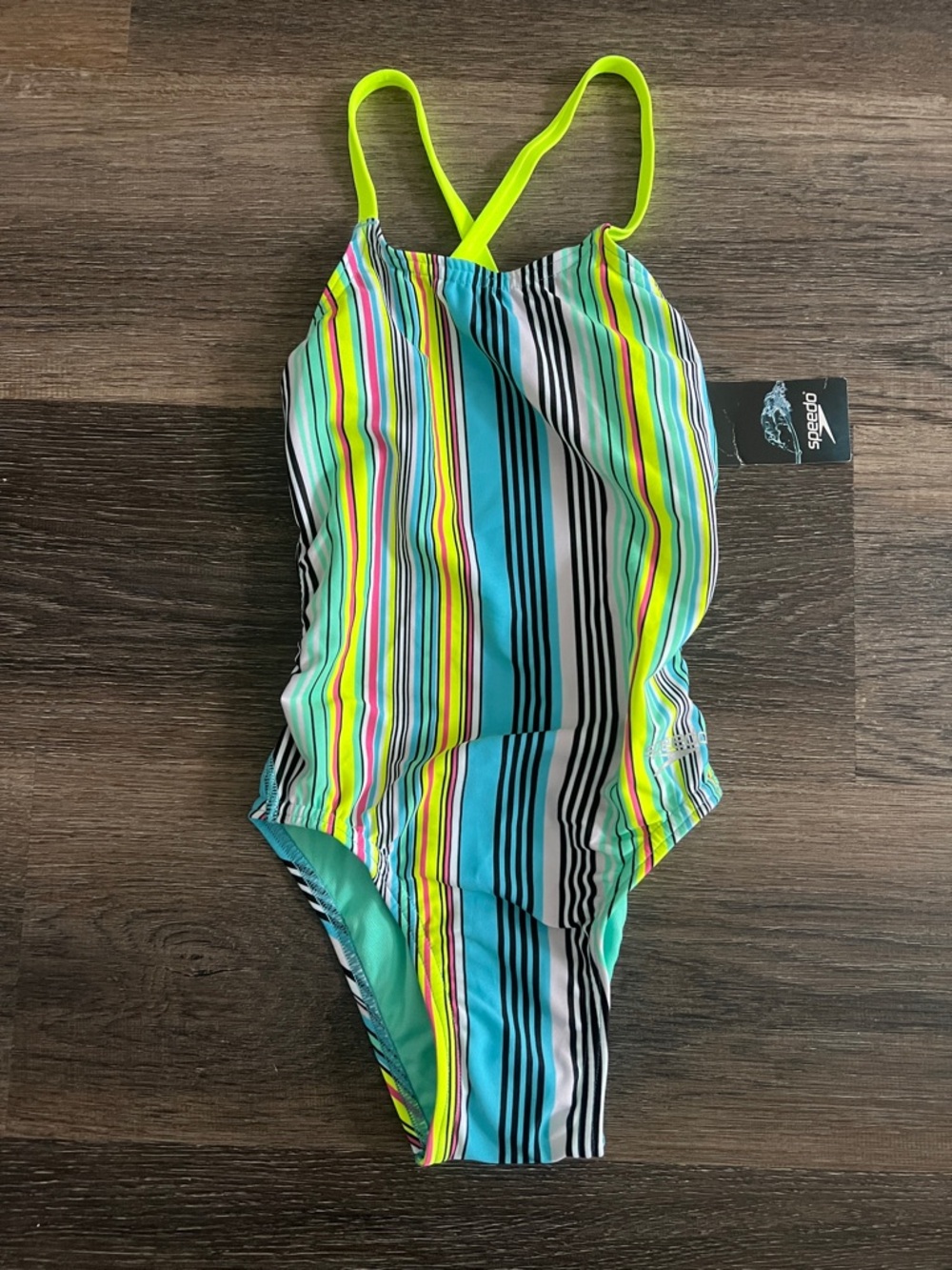 (9) NWT Speedo Girls' Neon Yellow Strappy One-Piece with Multicolor Stripes